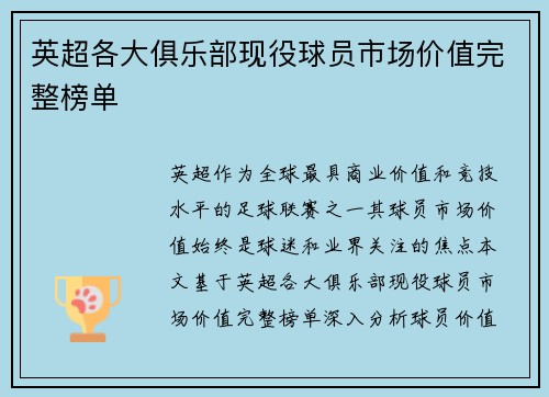英超各大俱乐部现役球员市场价值完整榜单
