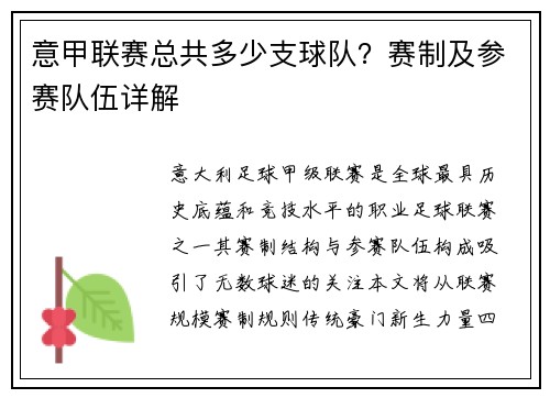 意甲联赛总共多少支球队？赛制及参赛队伍详解